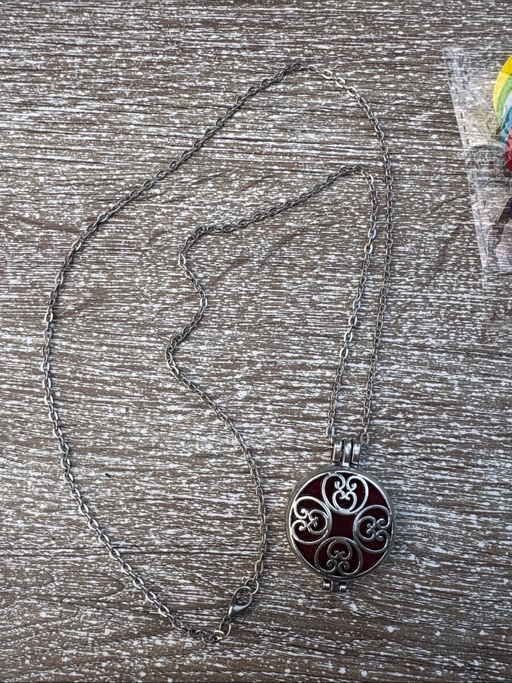 Aromatherapy Silver-Tone Red Filigree Pendant Necklace